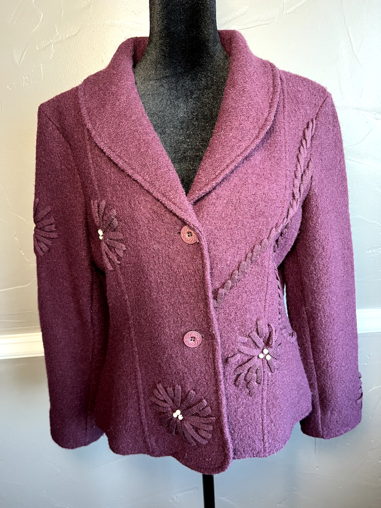 Clothes by Revue Women's Sz M 100% Boiled Wool Burgundy Cardigan Jacket Beading