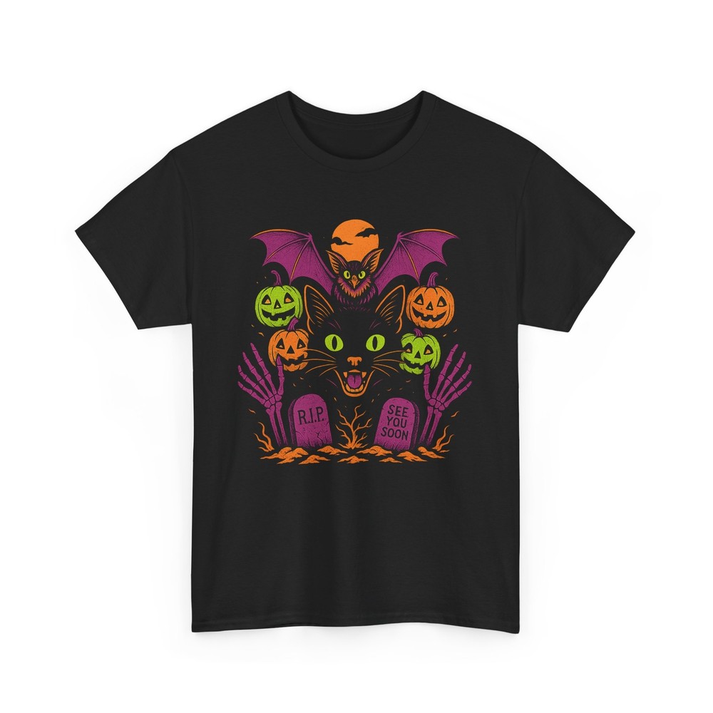 Halloween Black Cat T-Shirt – Jack-O'-Lanterns & Tombstones – Spooky Graphic Tee