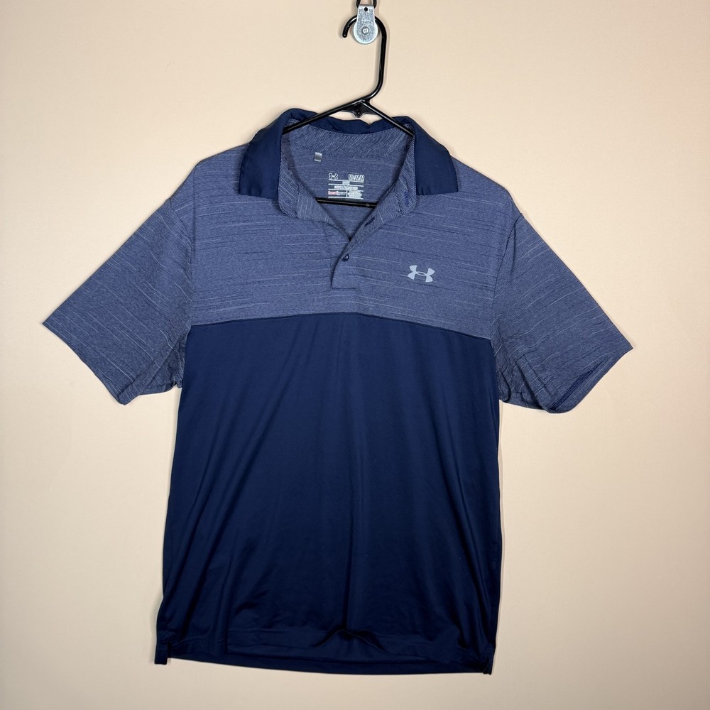 Under Armour Heat Gear Performance Stretch Polo Golf Shirt Blue Grey Mens Medium