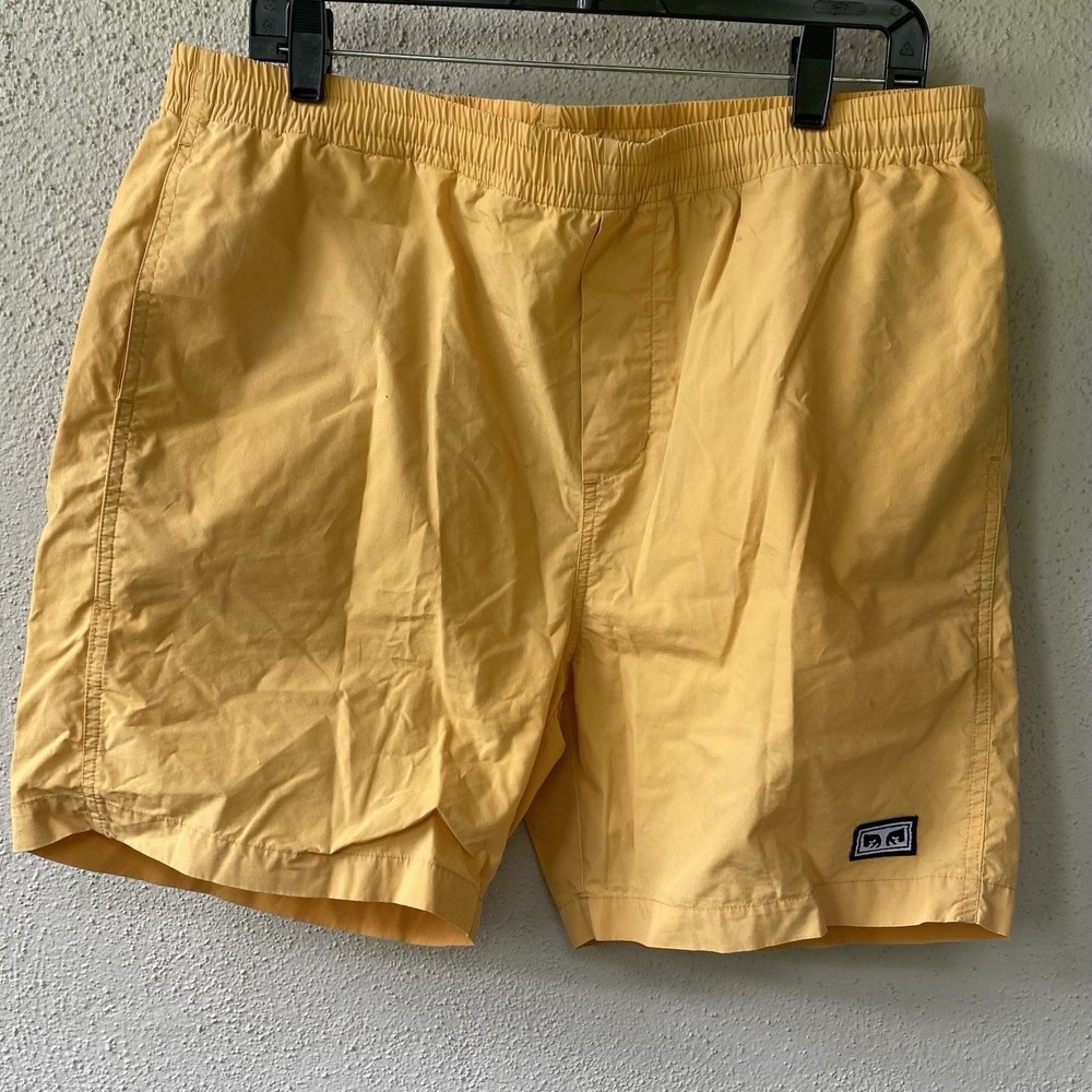 Obey Men's Yellow Cotton Shorts Elastic Waist Flat Front Slash Pockets Casual