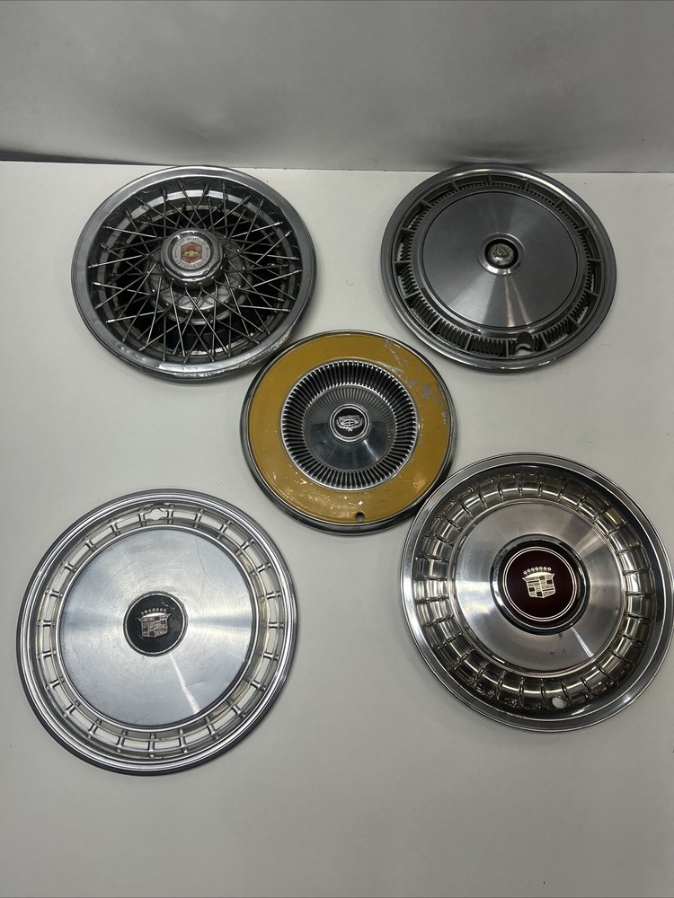 5 Vintage US Made Chrome Steel Hubcaps Wheel Covers Ford Cadillac Firebird