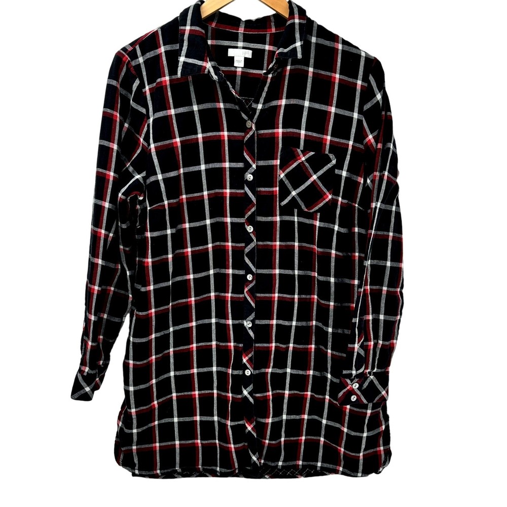 J Jill Tunic Womens Large Black Red Plaid Button Up Long Sleeve Shirt Top