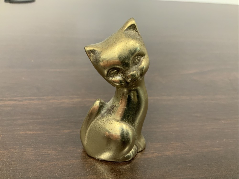 Vintage solid Brass Cat Animal Statue Figure Sitting 3
