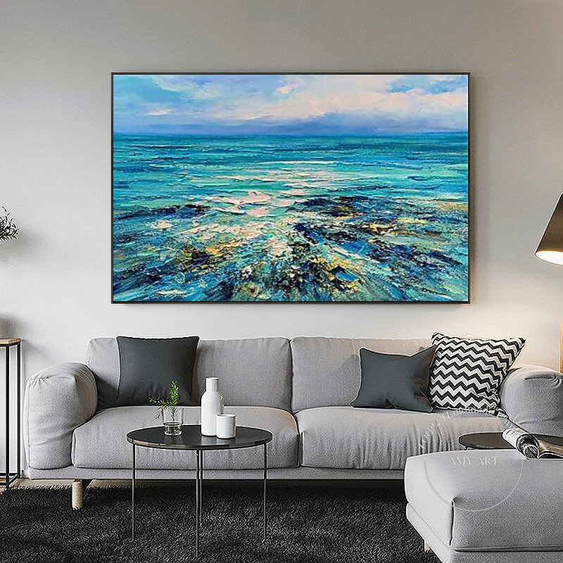 Hand Painted Oil Painting Wall Art Abstract Blue Sea Boat Paintings Home Decor