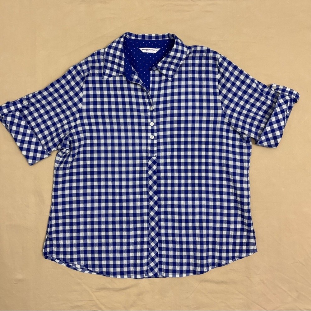 Allison Daley Women's Blue White Gingham Short Sleeve Blouse Size Large Petite