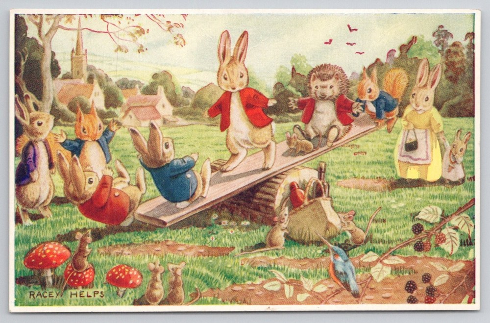 Racey Helps THE SEE-SAW Postcard Medici Society Anthropomorphic Animals