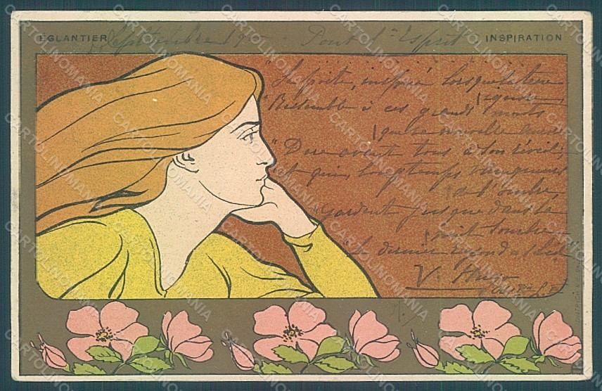 Artist Signed Meunier Lady Art Nouveau Eglantier Inspiration ABRADED pc HR2285