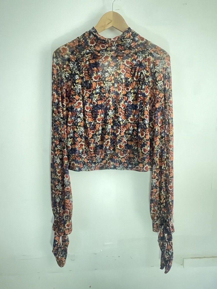Free People Size S Floral Mesh High Neck Cropped Blouse  Flowy Long Sleeve