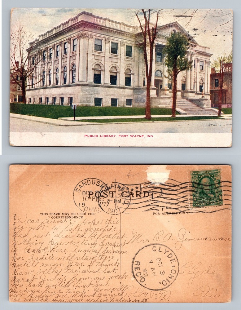 Fort Wayne, Indiana, Public Library Carnegie Building PC Vintage c1907 Postcard