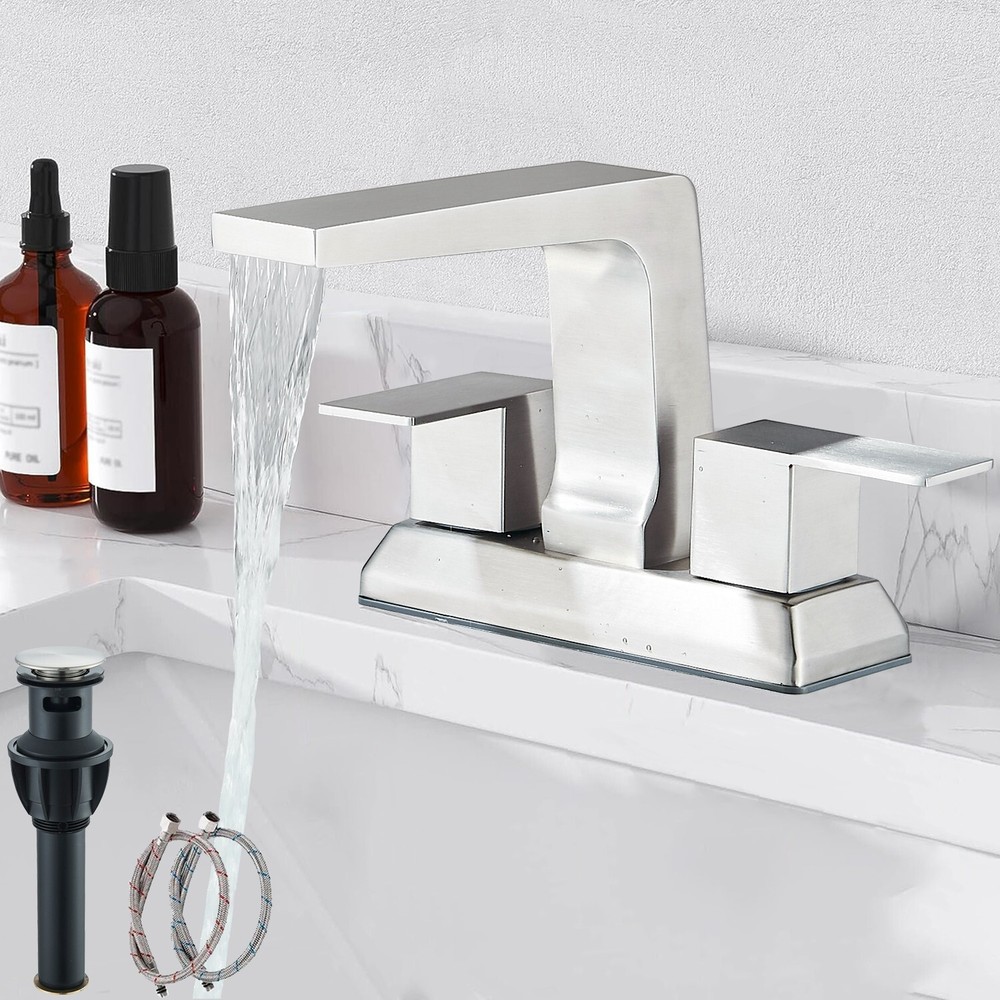 Brushed Nickel Bathroom Sink Faucet 3 Hole 2 Handle Mixer Tap with Pop-Up Drain