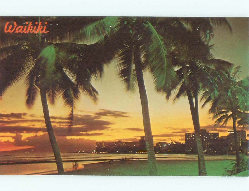 Unused Pre-1980 SUNSET ON PALM TREES AT BEACH Waikiki - Honolulu Hawaii HI d6943