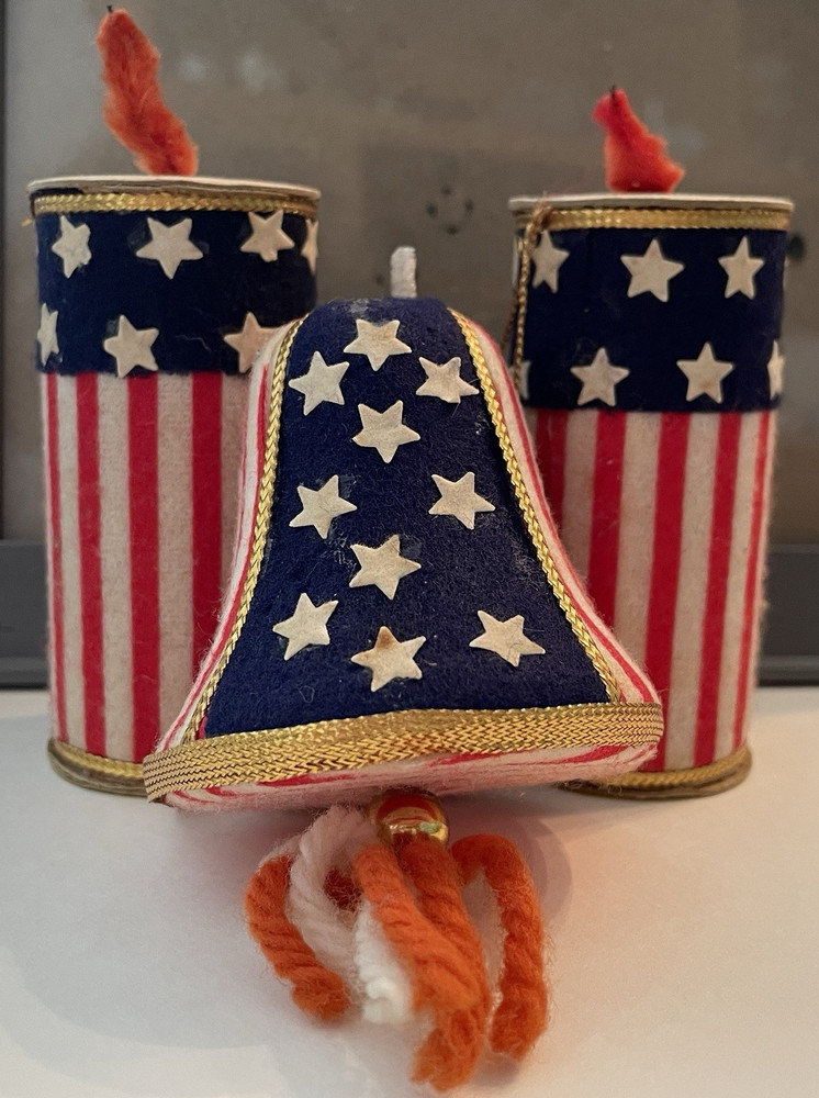 3 Patriotic Americana Vintage Bell Firecracker  Ornaments, Stars & Stripes Japan