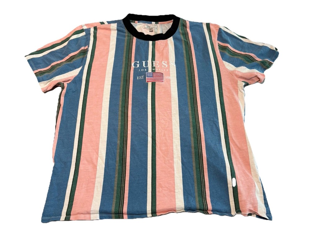 Vintage Guess Shirt Mens Size Medium Striped Pink And Blue American Flag