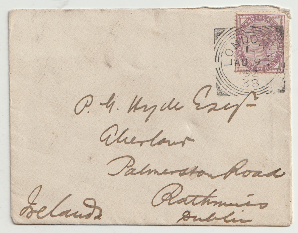 1892 1d LILAC LONDON W SQUARED CIRCLE   RATHMINES H & K PACKET D.R. MARITIME PMK