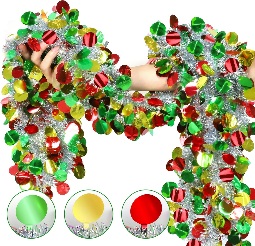 33 Ft Silver Christmas Tinsel Garland, Christmas Party Decorations with Red Gree