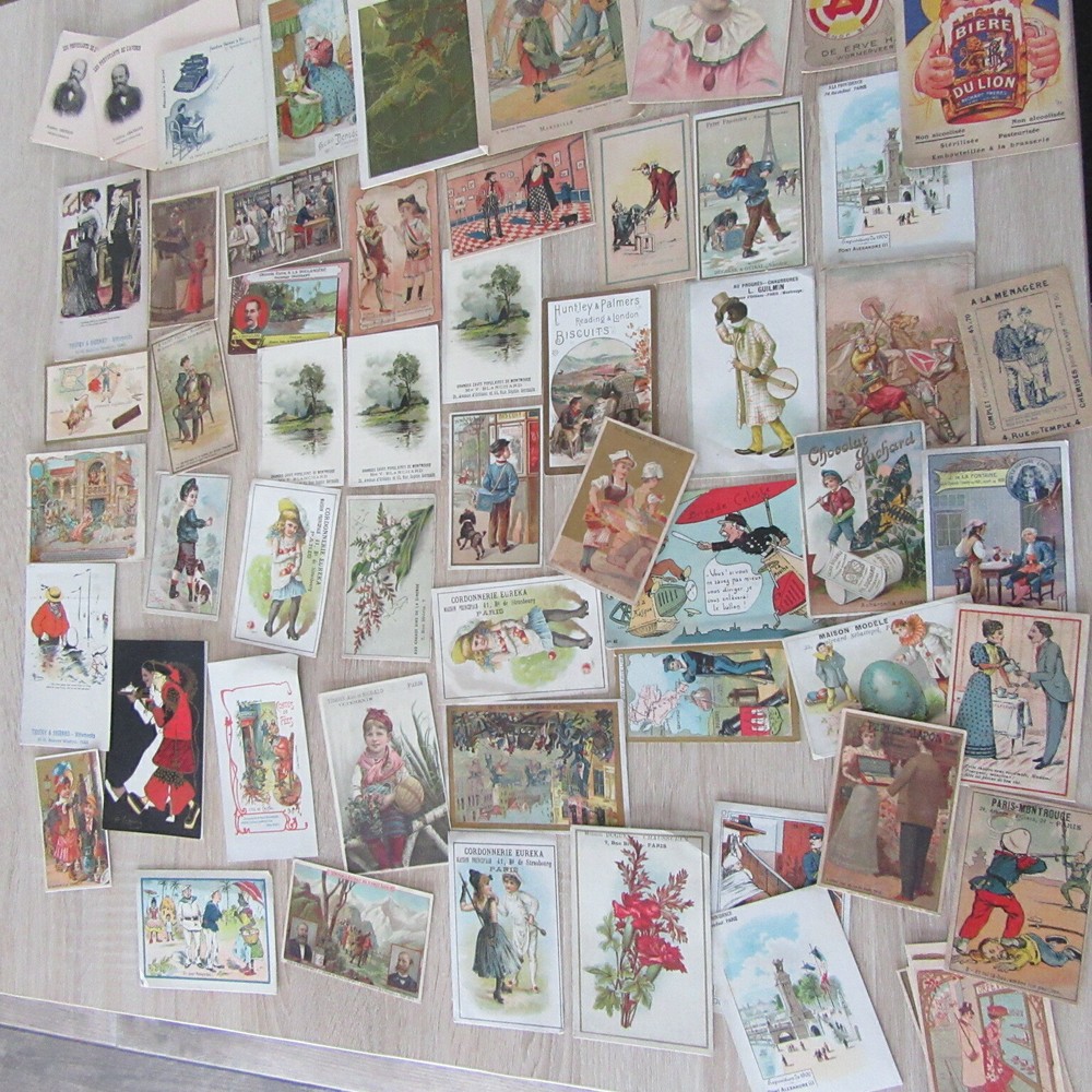 LOT 60 CHROME IMAGES CARDS STORE FASHION ETC 1900 IMAGES OLD ADVERTISING