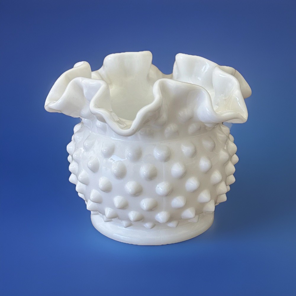 Fenton Hobnail Milk Glass Rose Bowl White Ruffled Crimped Rim Vintage 3”