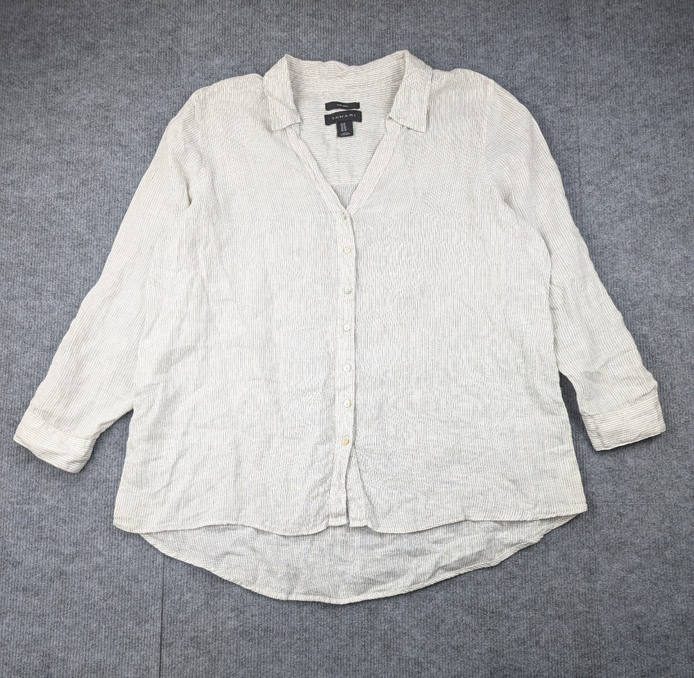 Tahari Linen Button Up Shirt Womens 1X Blouse Striped Coastal Layering Minimal