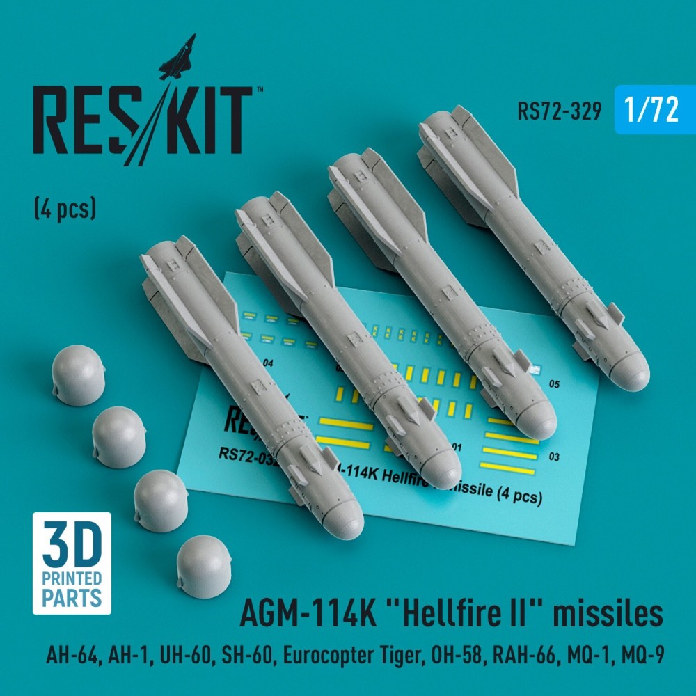 1:72 AGM-114K Hellfire II Missiles 4-Piece Set by ResKit RS72-0329 for Model Kits
