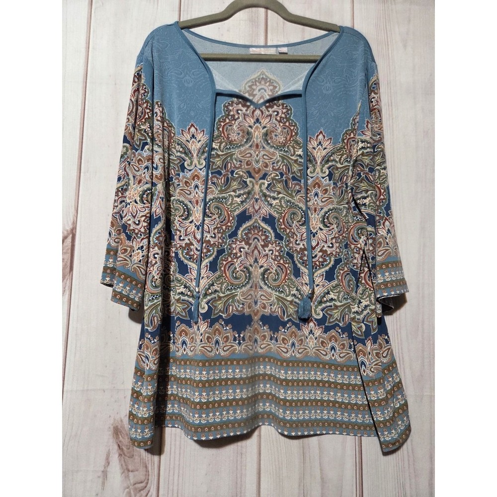 Belle by Kim Gravel Womens XL Blue Paisley Tassel Tie 3/4 Sleeve Tunic Top