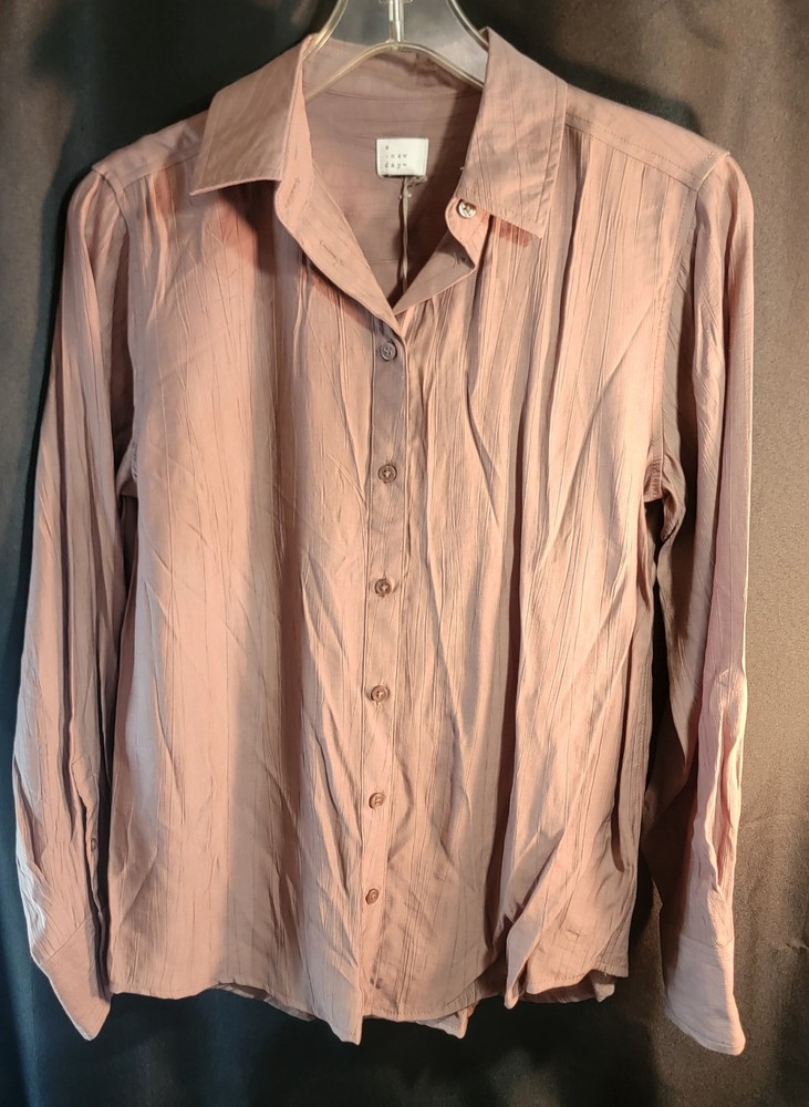 NWT A New Day Women's Long Sleeve Button Down Shirt Taupe Brown Med Button Cuff