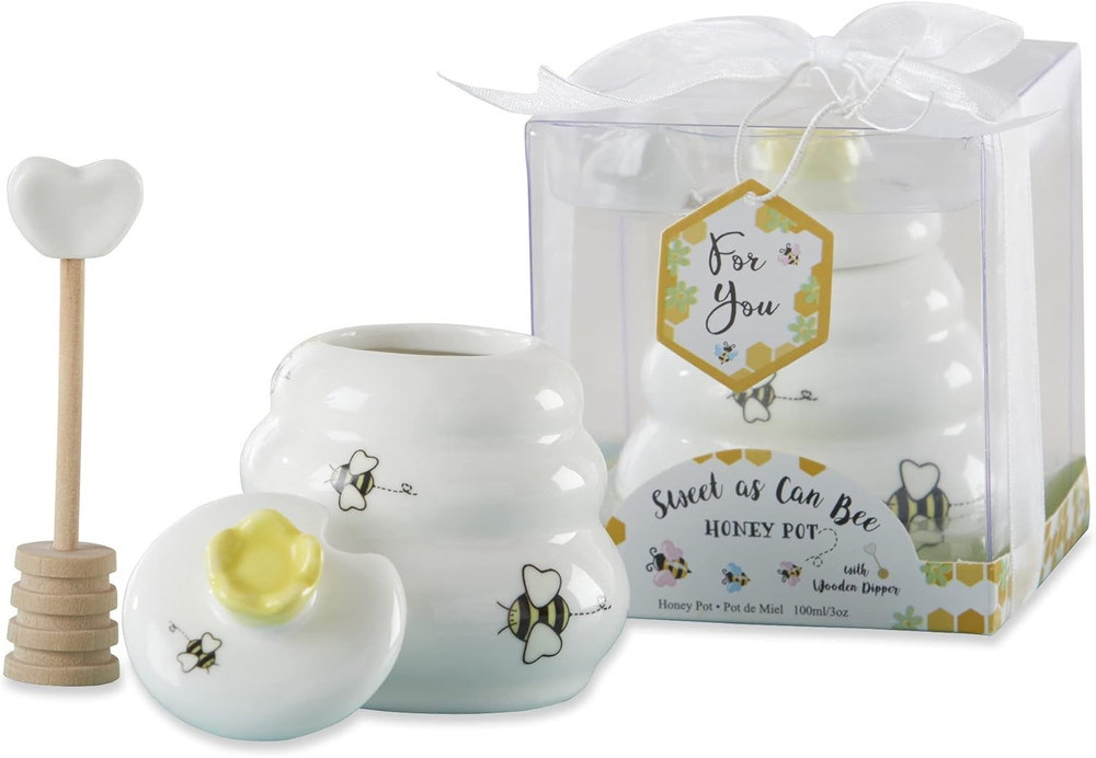 Sweet as Can Bee Ceramic Mini Honey Pot with Wooden Honey Dipper (3.4 Oz) Honey
