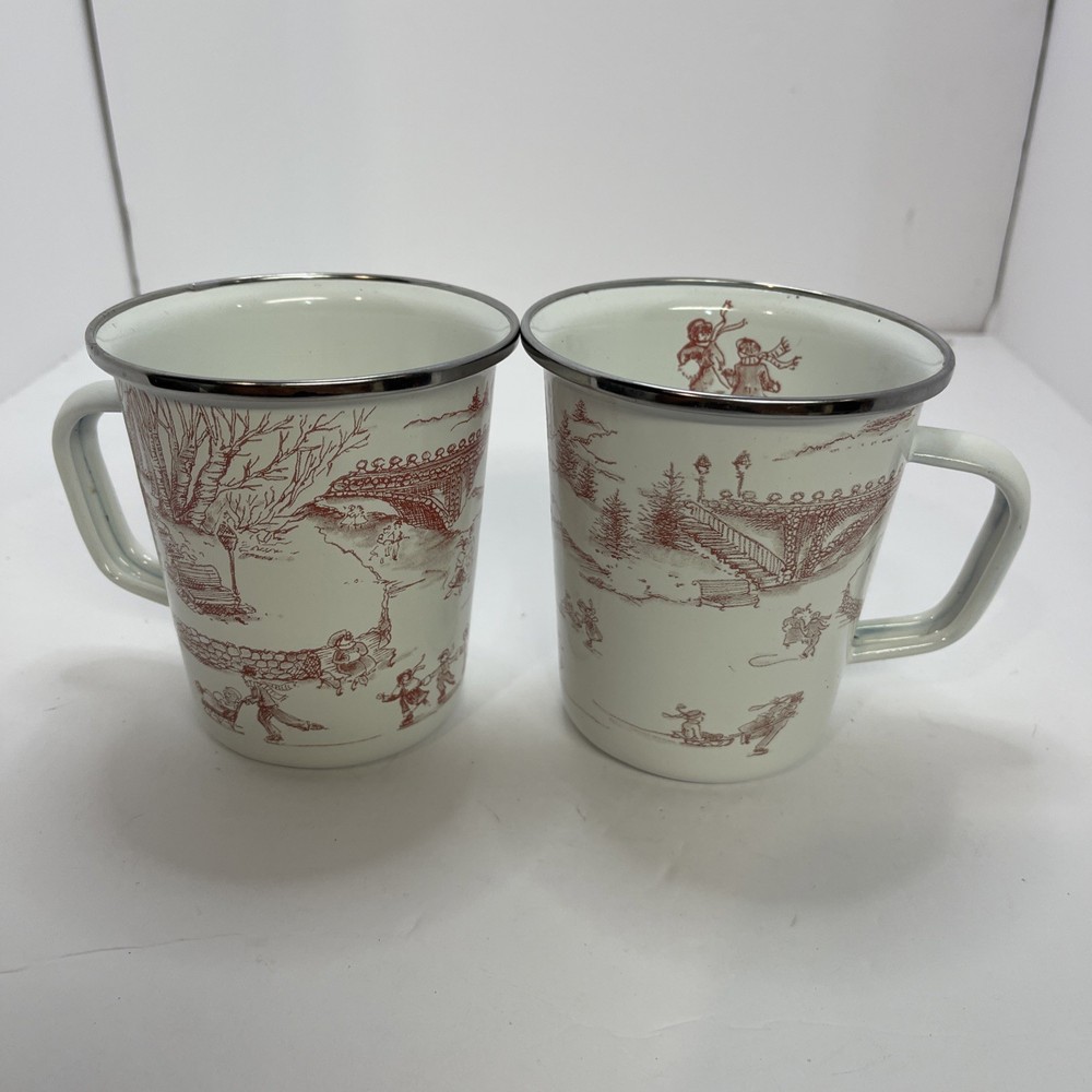 Set Of 2 GOLDEN RABBIT Winter/Snow 16 oz Latte Mugs Coffee Cups Enamelware Red