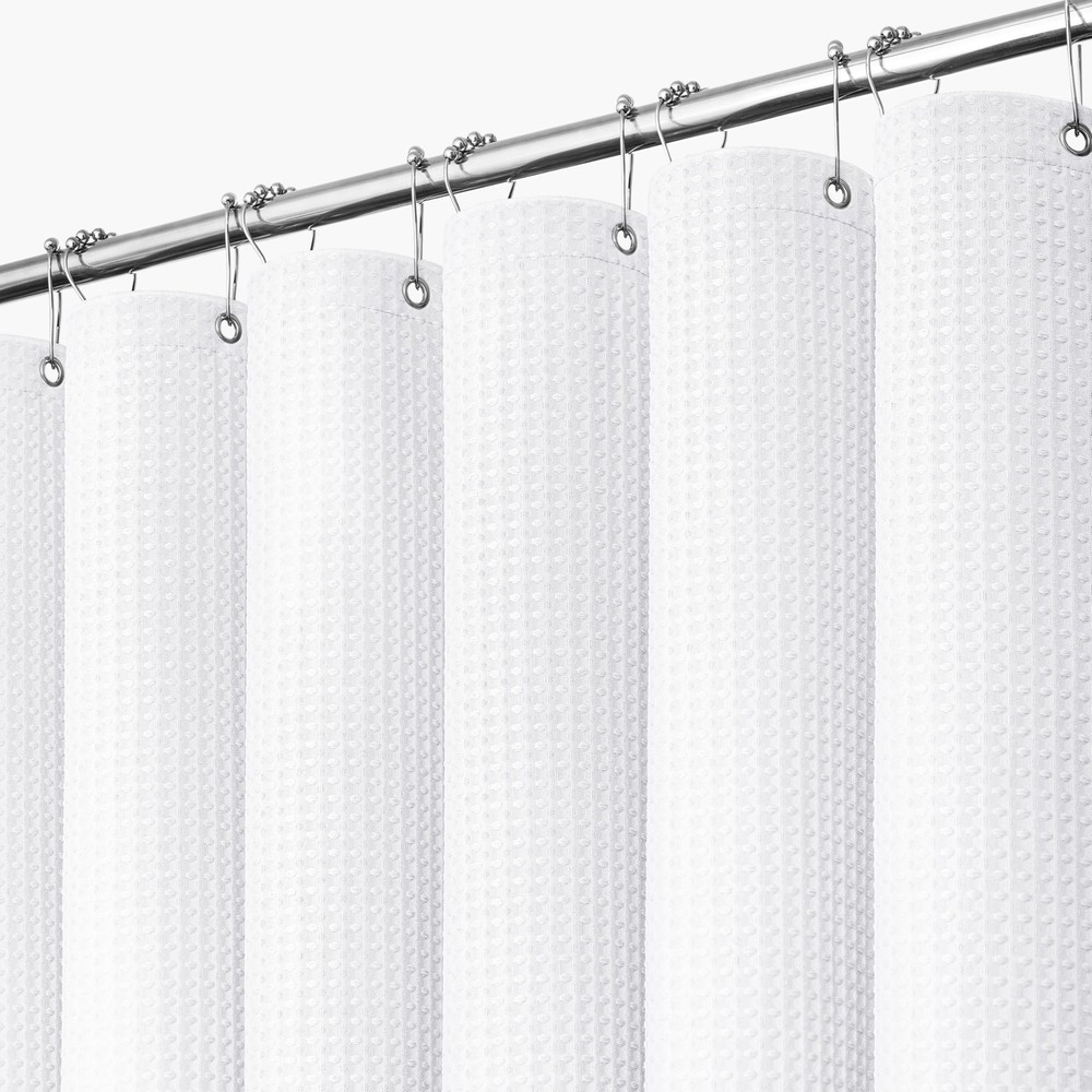 White Fabric Shower Curtain, Waffle Weave Heavy Duty Thick Fabric Shower Curt...