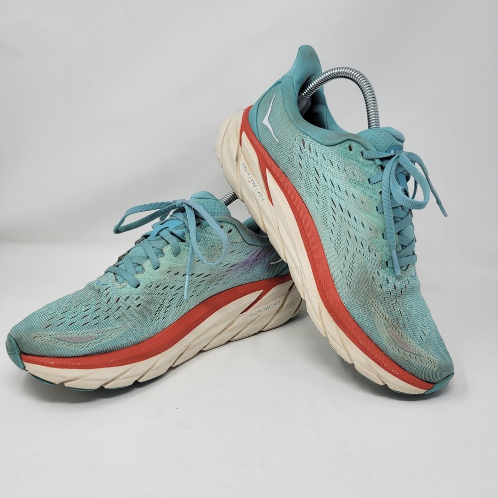 Hoka One One Women's Size 9.5 Clifton 8 Aqua Blue Orange Running Shoes Sneakers