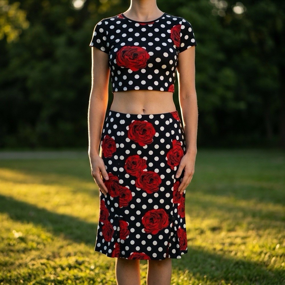 Belle Poque Straight Pencil Skirt Knee Polka Dot Rose Bow Zip Black White XL