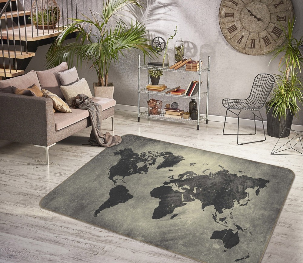 3D Vintage Dark Grey World Map Non Slip Rug Mat Elegant Carpet