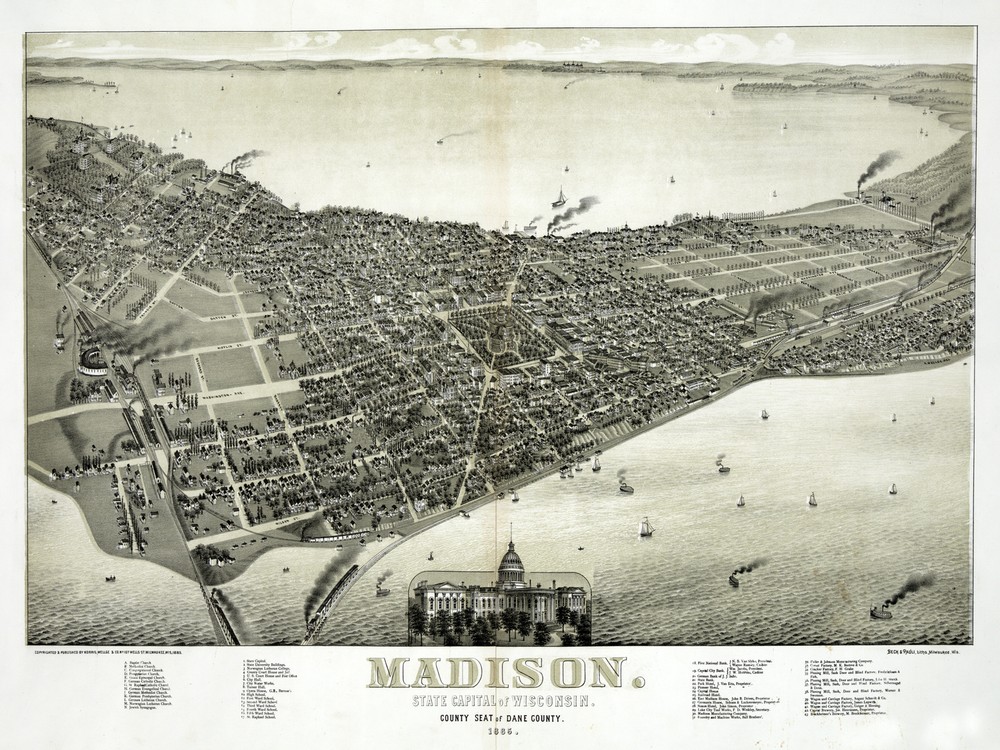 2930.Madison Wisconsin 1886 Aerial View Map POSTER.Home School Office.History