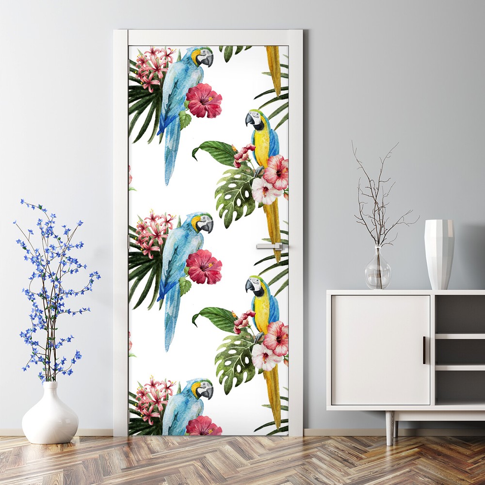 Bubble Free Door sticker Tropical Parrots Tropical Self adhesive Decal Art