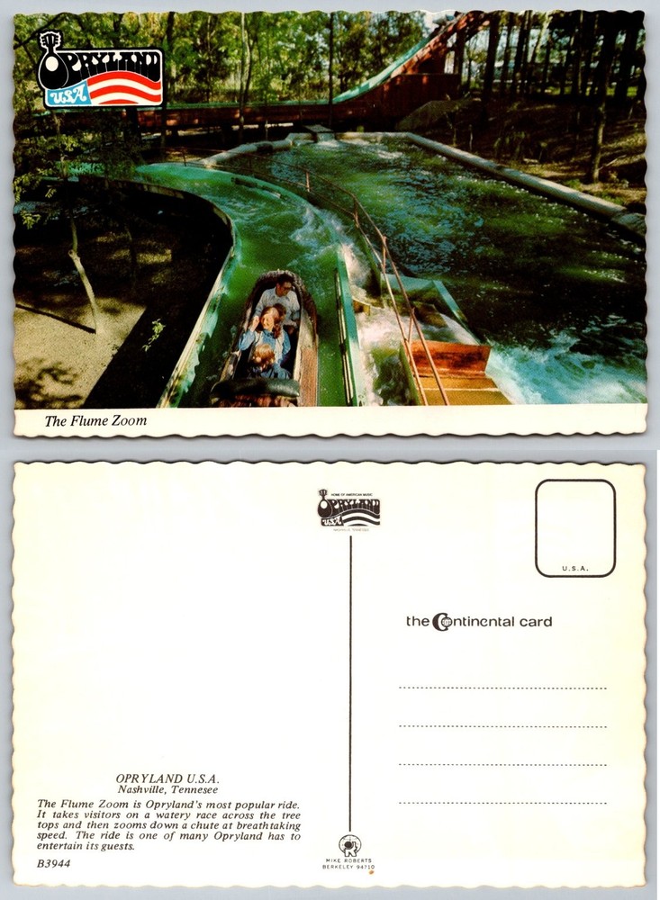 Opryland USA Nashville TN The Flume Zoom Log Flume Ride Postcard Mike Roberts