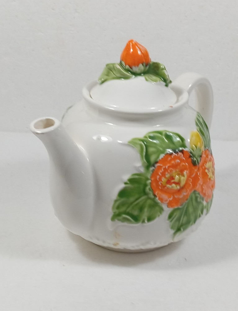 Vintage Teapot Japan Orange and Yellow Flowers Applied Flower Handle on Lid