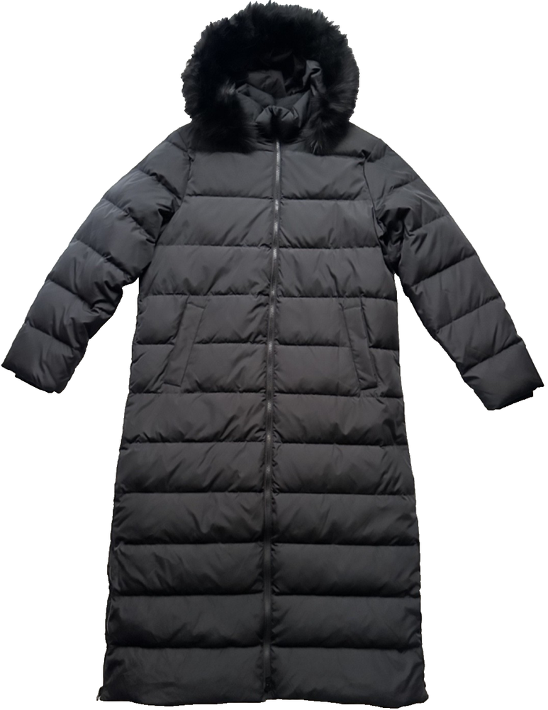 Lands End Womens Long Winter Puffer Down Coat with Hood Black Size L 14-16 New
