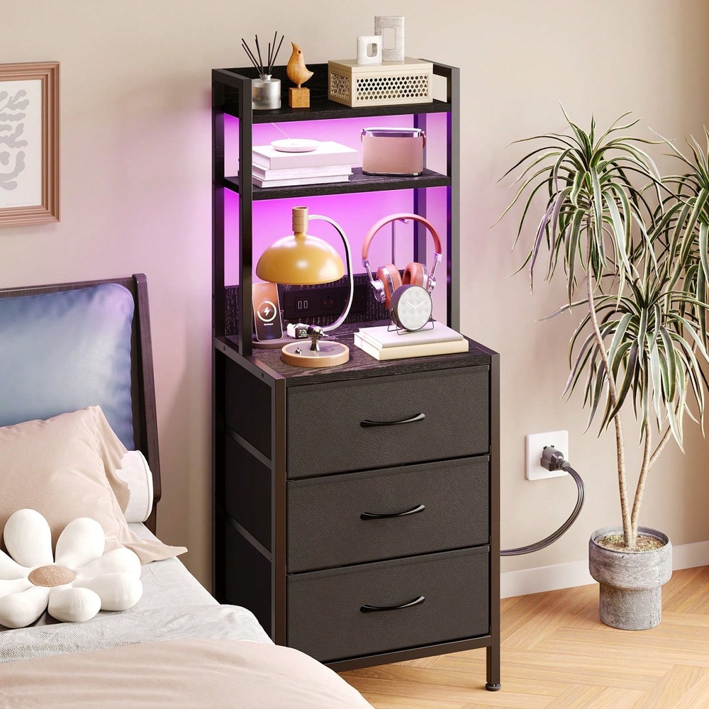 Tomnk Black Tall Nightstand w/ Charging Station LED Light Bedside Table 3 Drawer