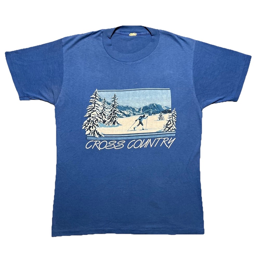 Vintage 80s Cross Country Skiing T Shirt Mens M Blue Single Stitch 50/50 Blend