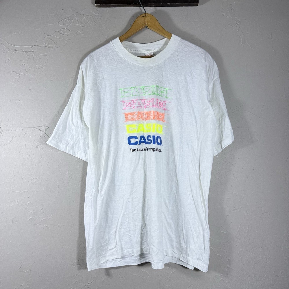 Vintage Casio Shirt Mens XL White Logo Graphic The Future Is Taking Shape 90s