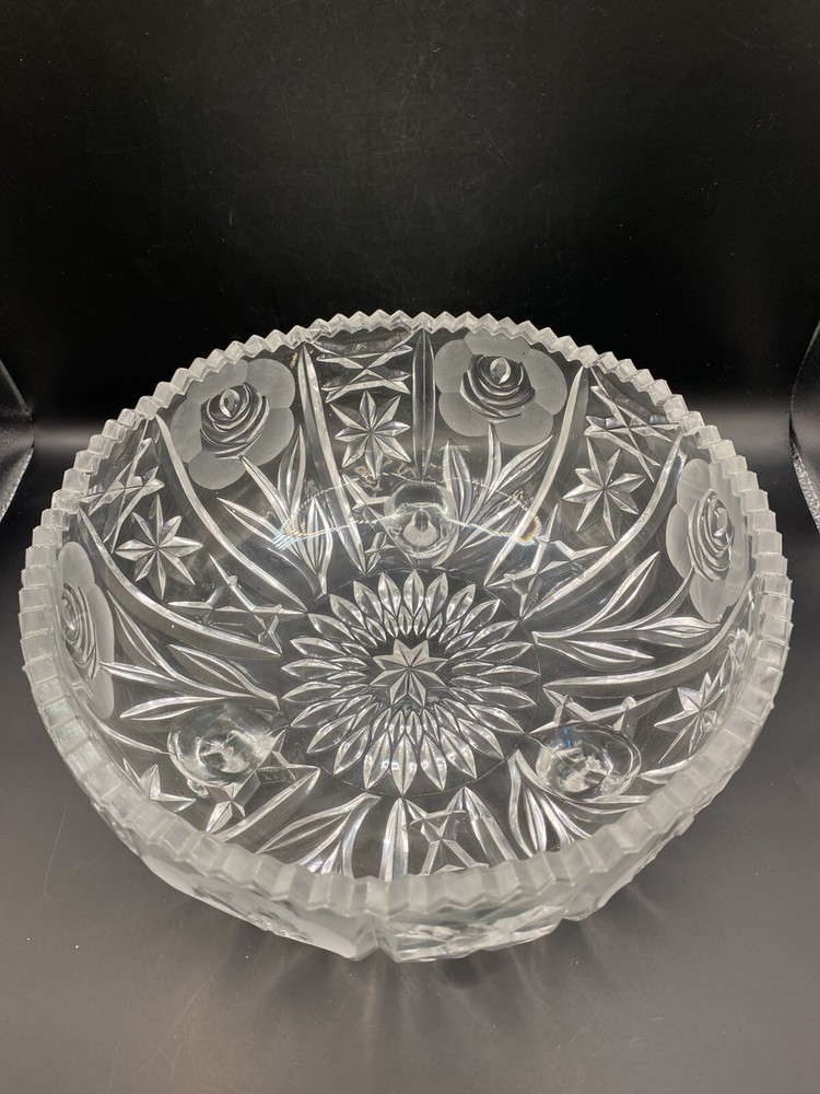 Vintage Cut Crystal Footed Round Bowl Etched Roses 4 1/2 In H X 9 In W