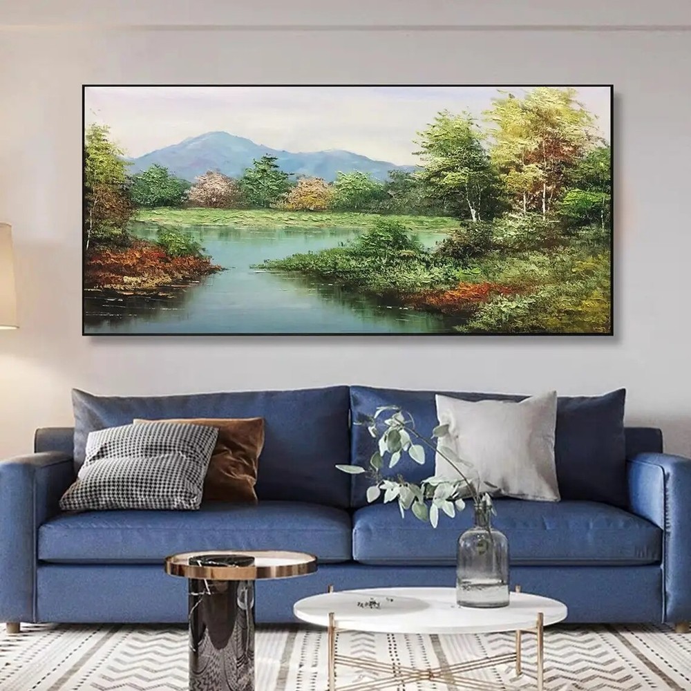 Hand Painted Forest Lake Landscape PaintingTextured Painting Modern Living Room
