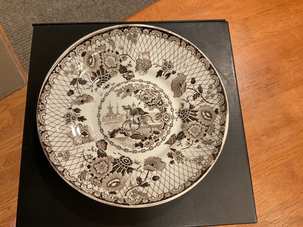 T Mayer Mogul / Zebra Pattern Brown Transferware Plate /Saucer Rare Early 19thC