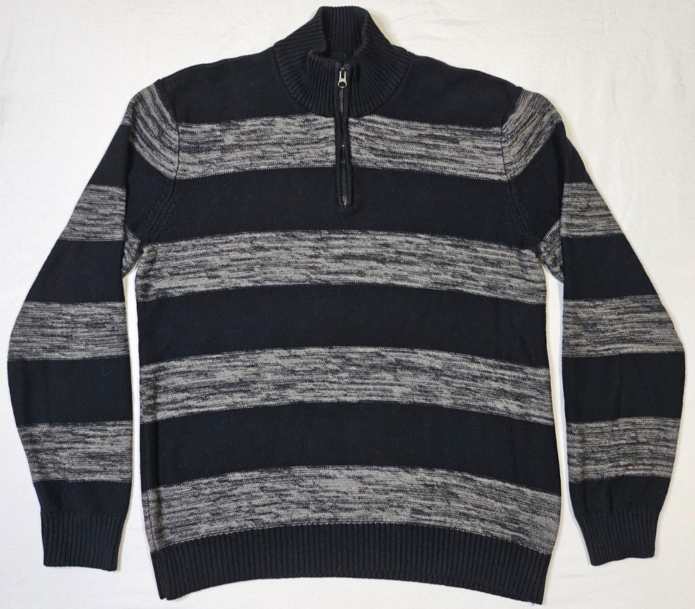 Vintage American Rag Sweater Men’s Large Black Gray Striped 1/2 Zip Pullover Y2K