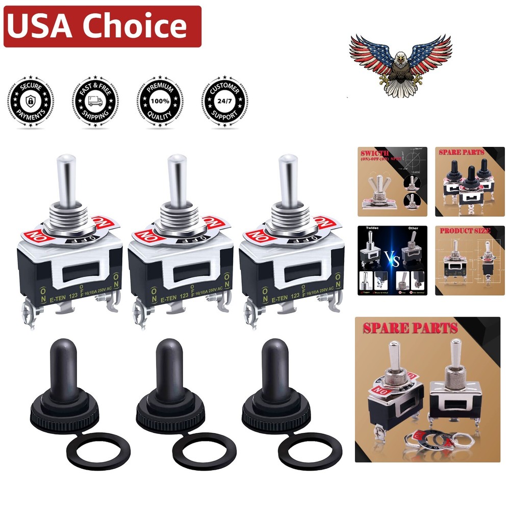 Set of 3 Metal Momentary Toggle Switches 16A 250V with Easy Install Features