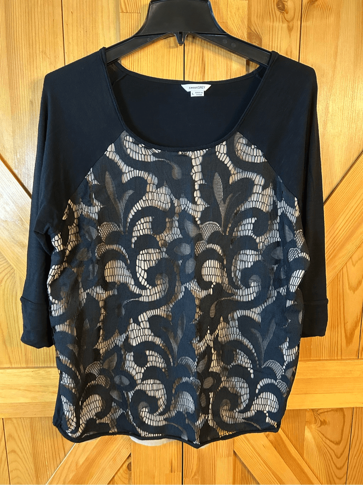 sweetGREY Black Cream Floral Lace 3/4 Sleeve Shirt Size Large 8662
