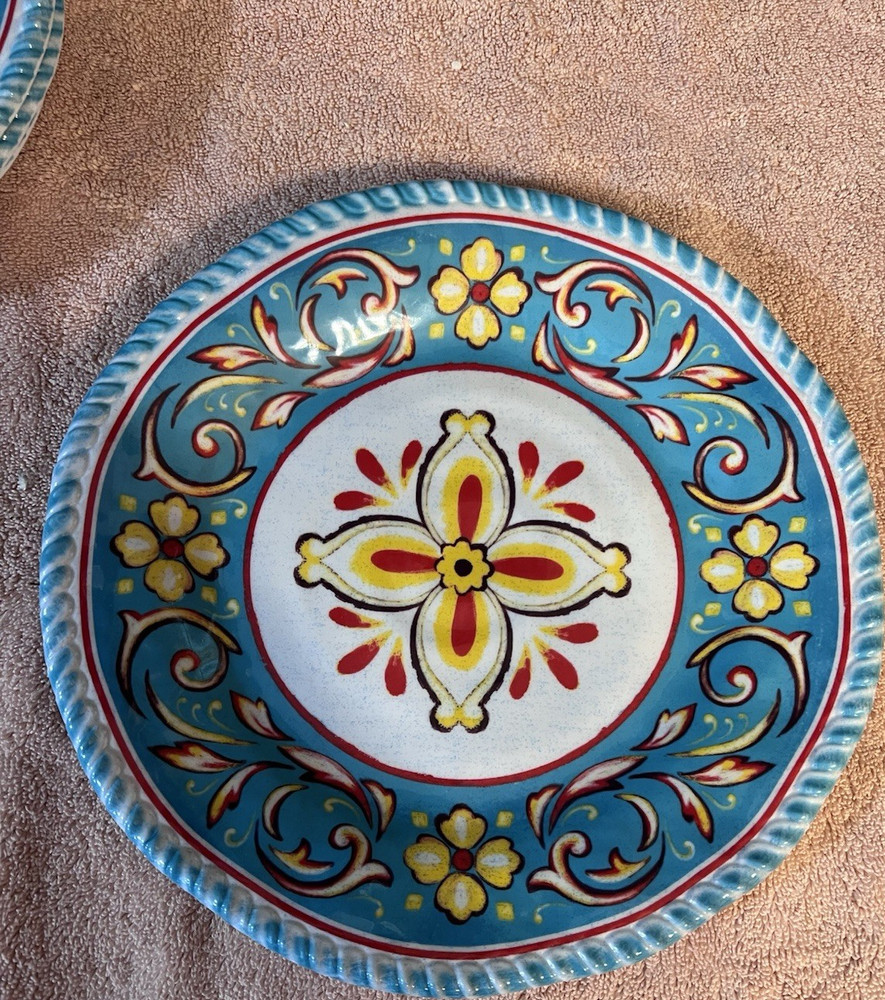 Set of 4 Melamine Floral Round Salad Plates Blue Multicolor Dishwasher Safe
