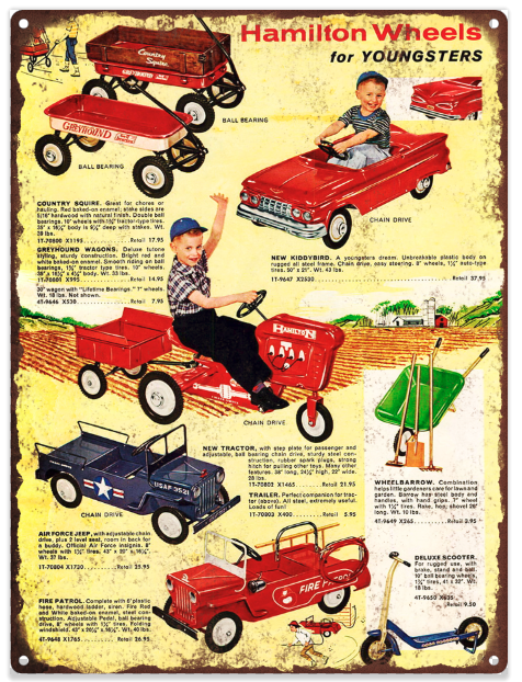 1960 Hamilton Pedal Car Tractor Fire Truck Ad Baked Metal Repro Sign 9x12 60131