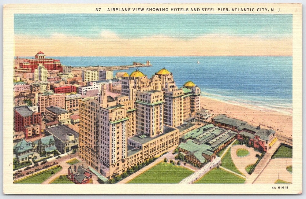 Vintage Linen Postcard Airplane View Hotels Steel Pier Atlantic City NJ
