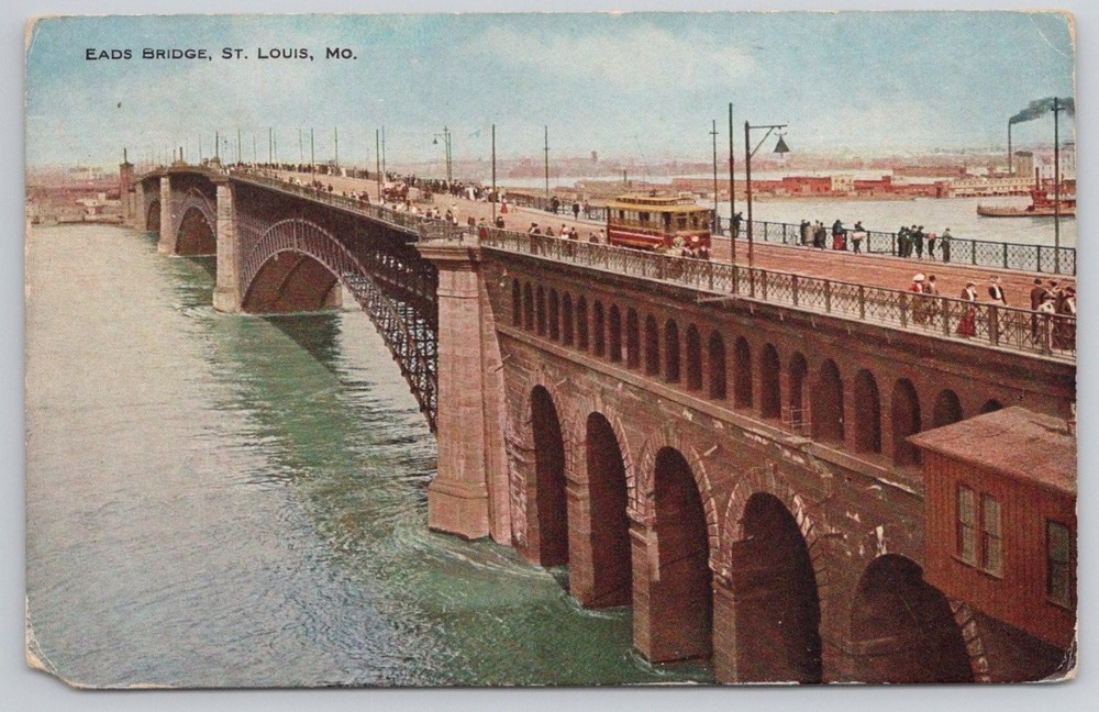Eads Bridge St Louis MO 1910 Postcard V.O. Hammon Streetcar Steamboat