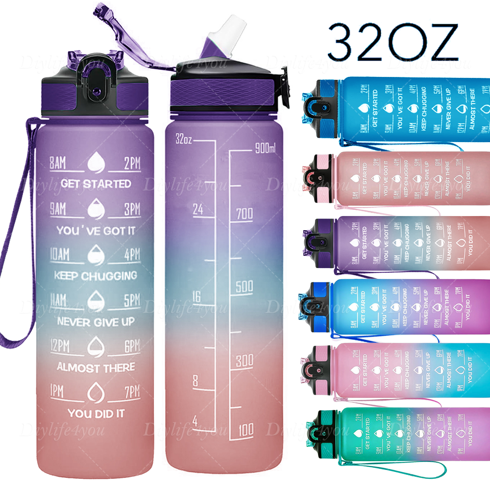 32oz Motivational Water Bottle with Time Marker and Straw Wide Mouth Leakproof